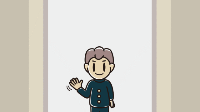 エレベーターで手を振る男子中学生のイラスト【色、背景あり】PNG