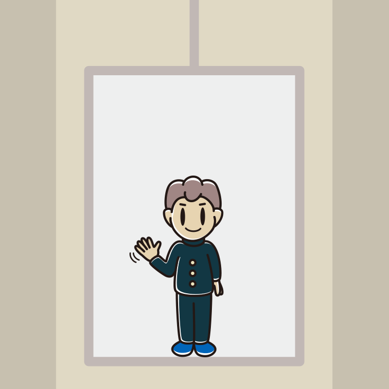 エレベーターで手を振る男子中学生のイラスト【色、背景あり】PNG