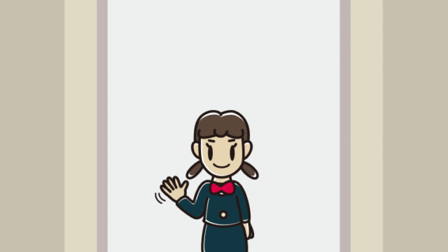 エレベーターで手を振る女子中学生のイラスト【色、背景あり】PNG