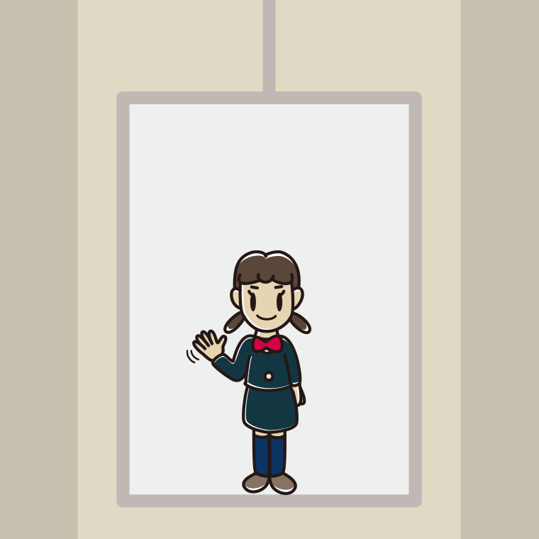 エレベーターで手を振る女子中学生のイラスト【色、背景あり】PNG
