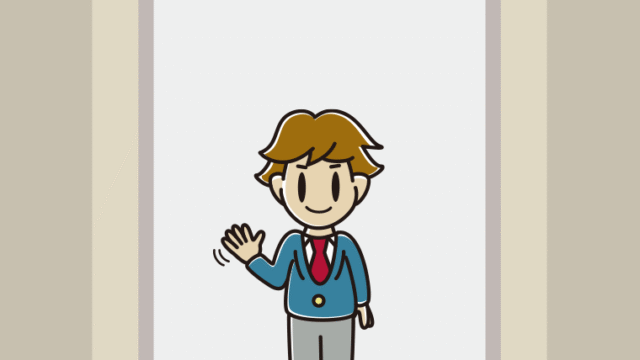 エレベーターで手を振る男子高校生のイラスト【色、背景あり】PNG