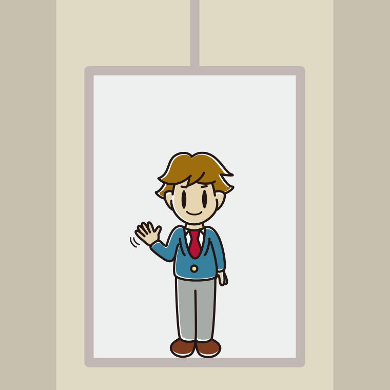 エレベーターで手を振る男子高校生のイラスト【色、背景あり】PNG