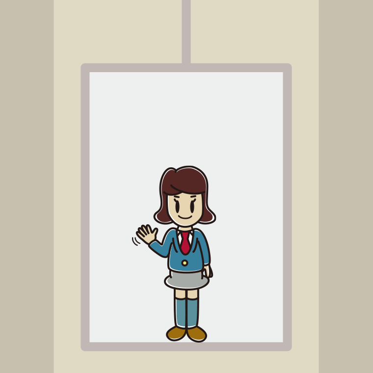 エレベーターで手を振る女子高校生のイラスト【色、背景あり】PNG