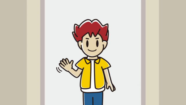 エレベーターで手を振る男子大学生のイラスト【色、背景あり】PNG