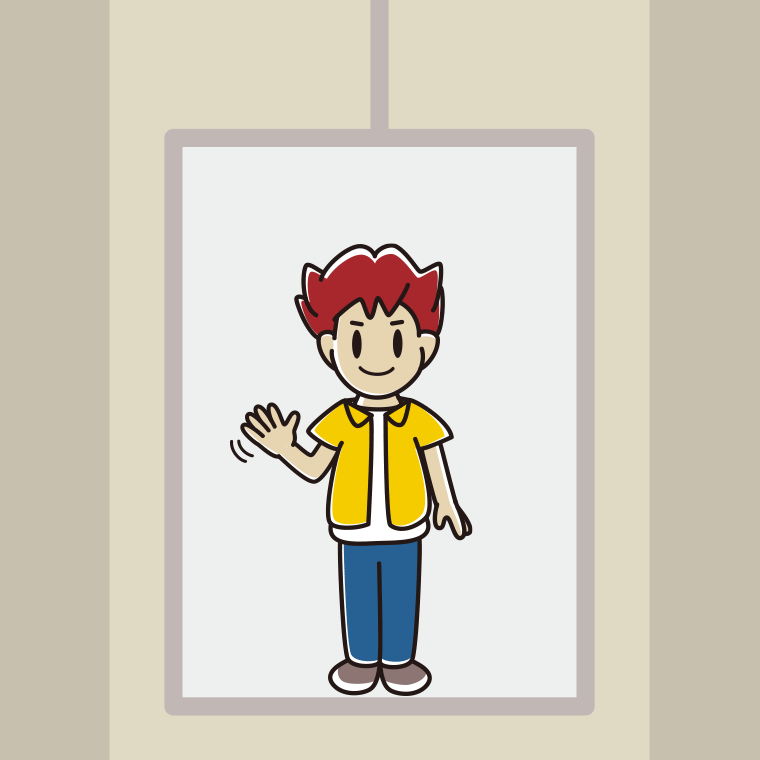 エレベーターで手を振る男子大学生のイラスト【色、背景あり】PNG