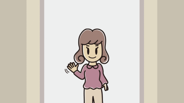 エレベーターで手を振る女子大学生のイラスト【色、背景あり】PNG