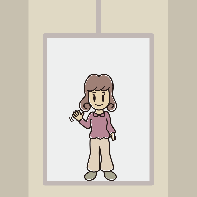 エレベーターで手を振る女子大学生のイラスト【色、背景あり】PNG