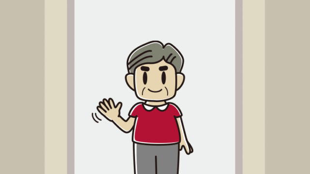 エレベーターで手を振るおじさんのイラスト【色、背景あり】PNG