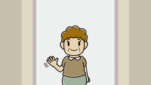 エレベーターで手を振るおばさんのイラスト【色、背景あり】PNG