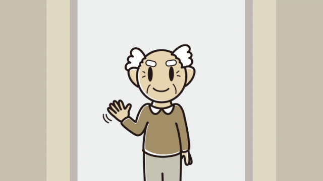 エレベーターで手を振るおじいさんのイラスト【色、背景あり】PNG