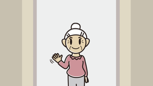 エレベーターで手を振るおばあさんのイラスト【色、背景あり】PNG