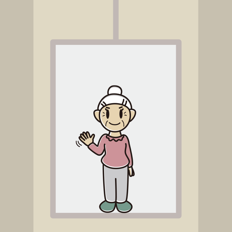 エレベーターで手を振るおばあさんのイラスト【色、背景あり】PNG