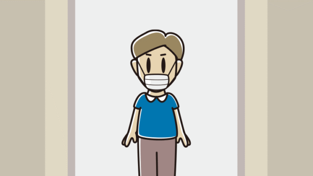エレベーターでマスクをする男性のイラスト【色、背景あり】PNG