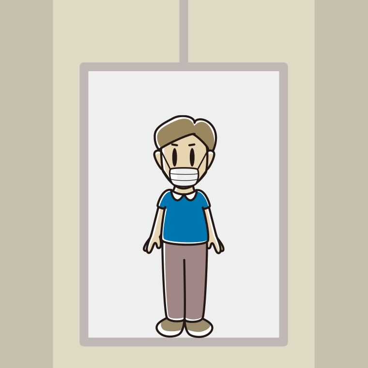 エレベーターでマスクをする男性のイラスト【色、背景あり】PNG