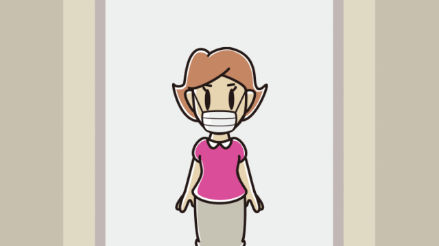 エレベーターでマスクをする女性のイラスト【色、背景あり】PNG