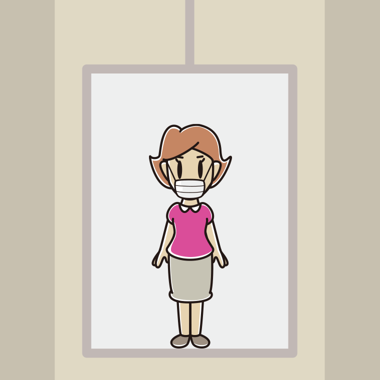 エレベーターでマスクをする女性のイラスト【色、背景あり】PNG