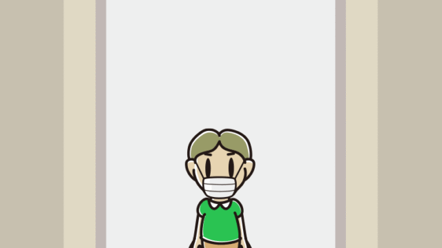 エレベーターでマスクをする小学生男子のイラスト【色、背景あり】PNG