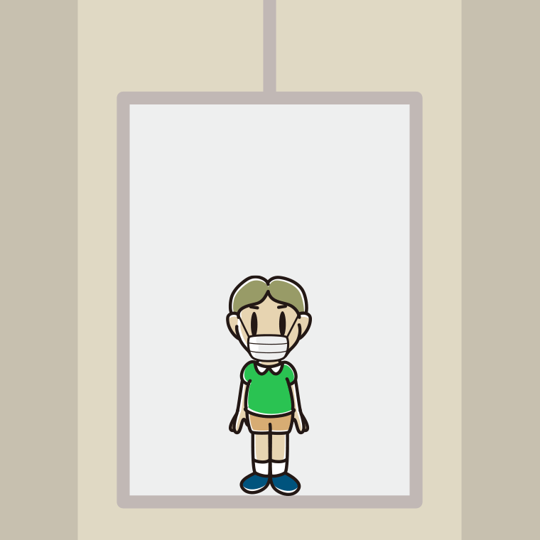 エレベーターでマスクをする小学生男子のイラスト【色、背景あり】PNG
