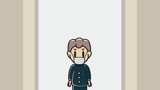 エレベーターでマスクをする男子中学生のイラスト【色、背景あり】PNG