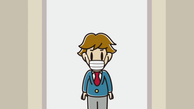 エレベーターでマスクをする男子高校生のイラスト【色、背景あり】PNG