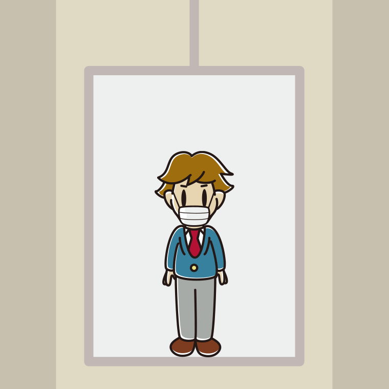 エレベーターでマスクをする男子高校生のイラスト【色、背景あり】PNG