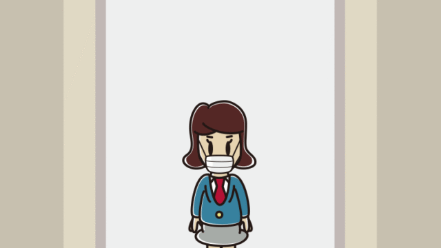 エレベーターでマスクをする女子高校生のイラスト【色、背景あり】PNG