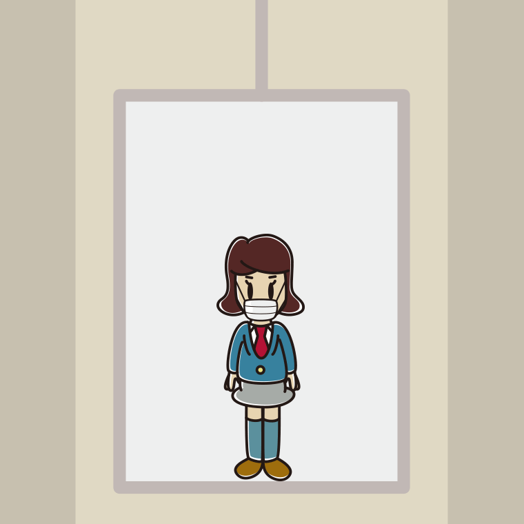 エレベーターでマスクをする女子高校生のイラスト【色、背景あり】PNG