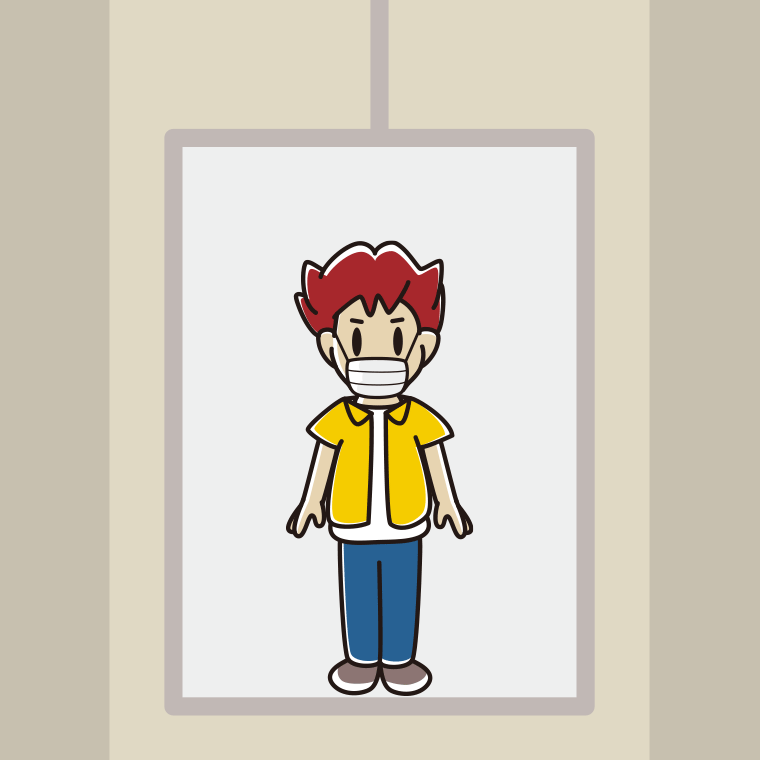 エレベーターでマスクをする男子大学生のイラスト【色、背景あり】PNG