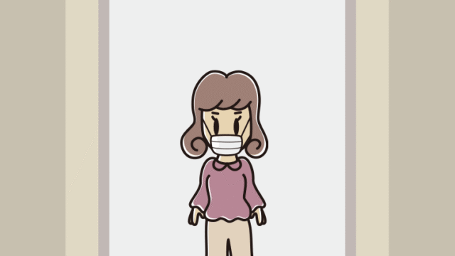 エレベーターでマスクをする女子大学生のイラスト【色、背景あり】PNG