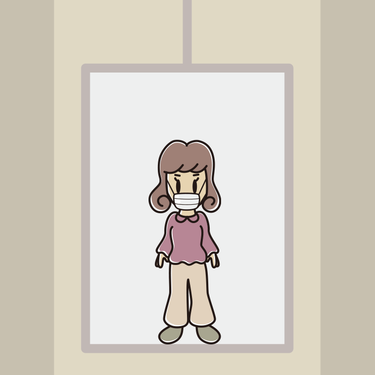 エレベーターでマスクをする女子大学生のイラスト【色、背景あり】PNG