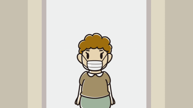 エレベーターでマスクをするおばさんのイラスト【色、背景あり】PNG