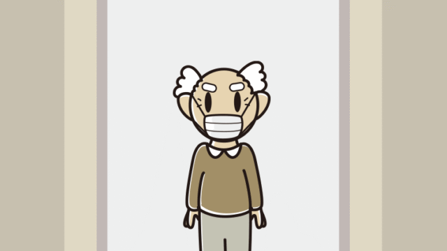 エレベーターでマスクをするおじいさんのイラスト【色、背景あり】PNG