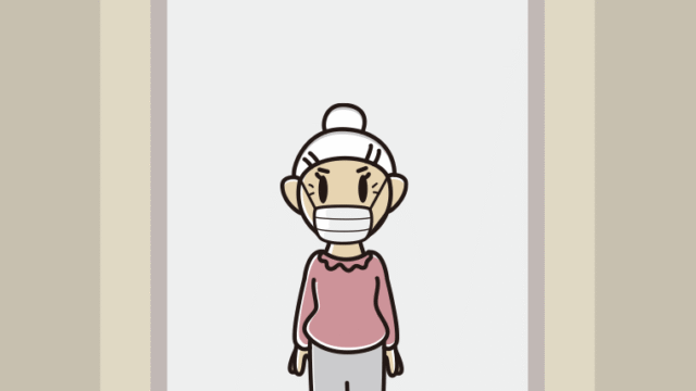 エレベーターでマスクをするおばあさんのイラスト【色、背景あり】PNG