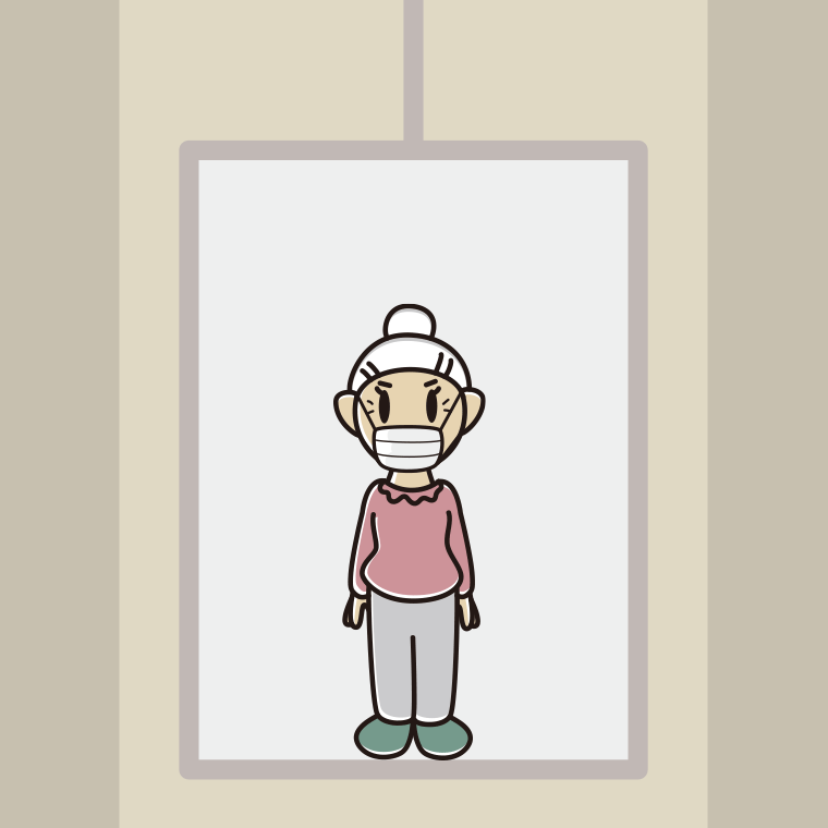 エレベーターでマスクをするおばあさんのイラスト【色、背景あり】PNG