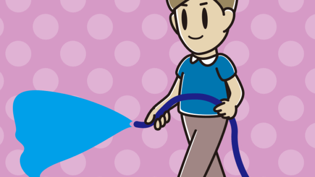 ホースで水をまく男性のイラスト【色、背景あり】PNG