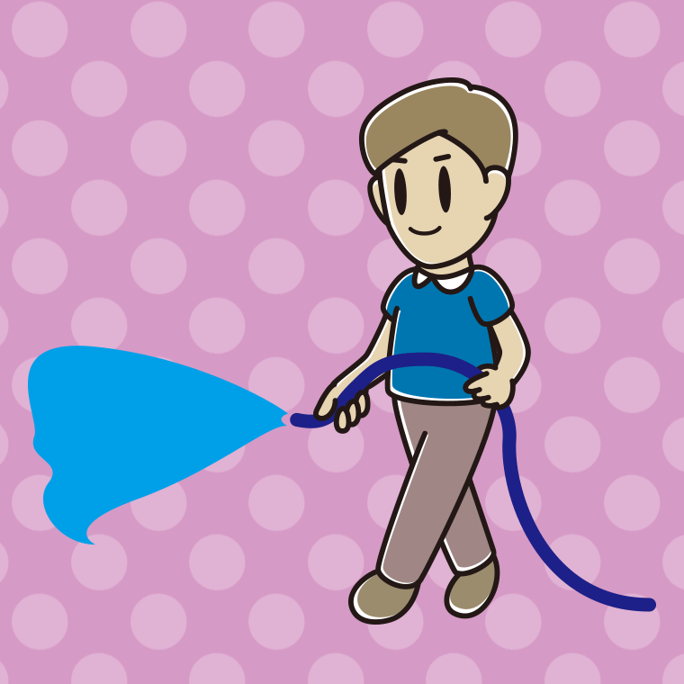 ホースで水をまく男性のイラスト【色、背景あり】PNG