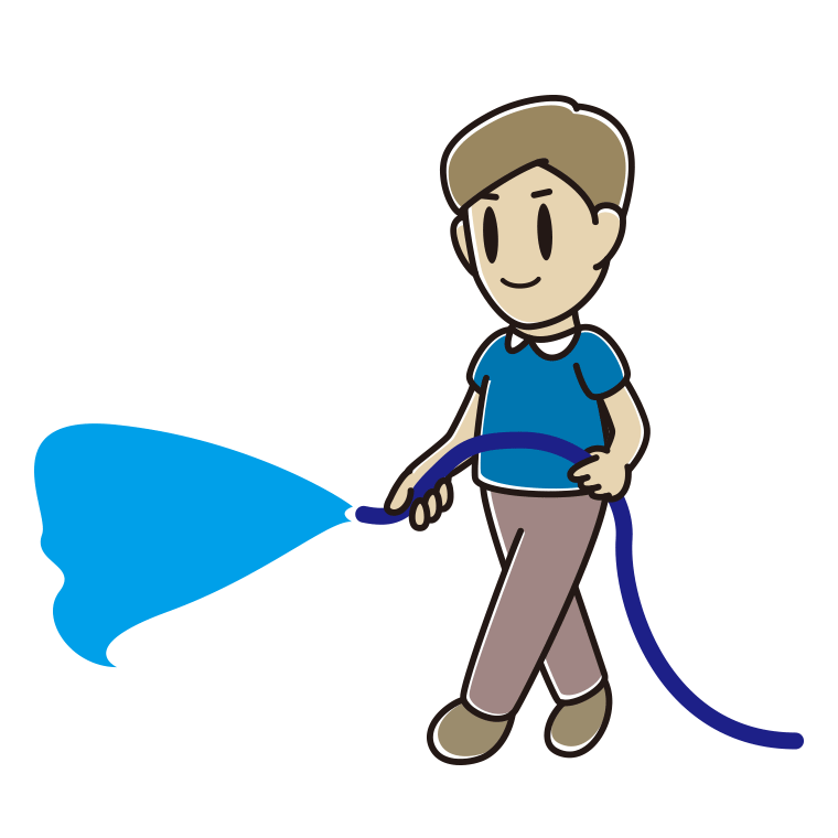ホースで水をまく男性のイラスト【色あり、背景なし】透過PNG