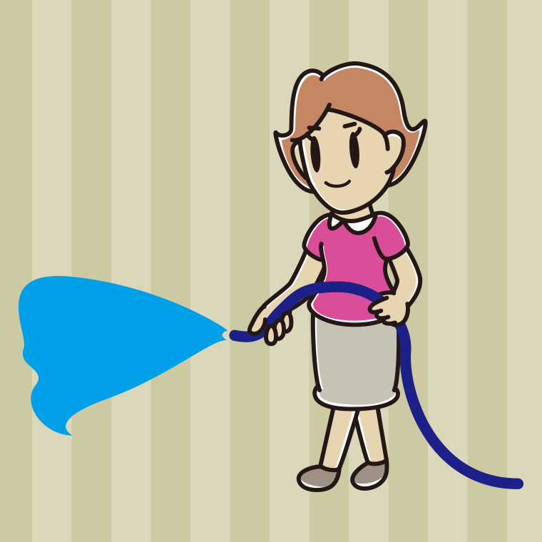 ホースで水をまく女性のイラスト【色、背景あり】PNG