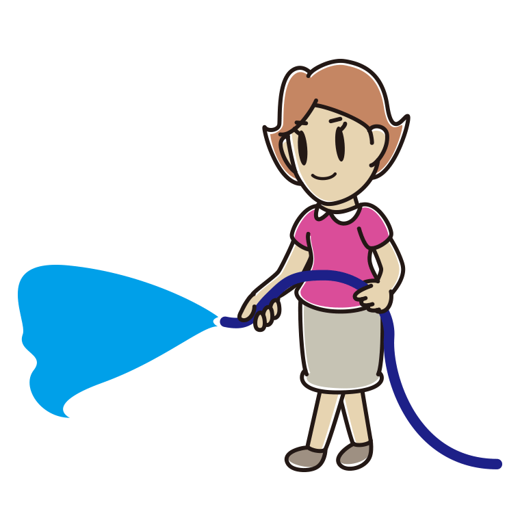 ホースで水をまく女性のイラスト【色あり、背景なし】透過PNG