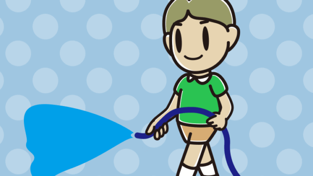 ホースで水をまく小学生男子のイラスト【色、背景あり】PNG