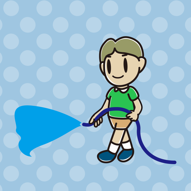 ホースで水をまく小学生男子のイラスト【色、背景あり】PNG