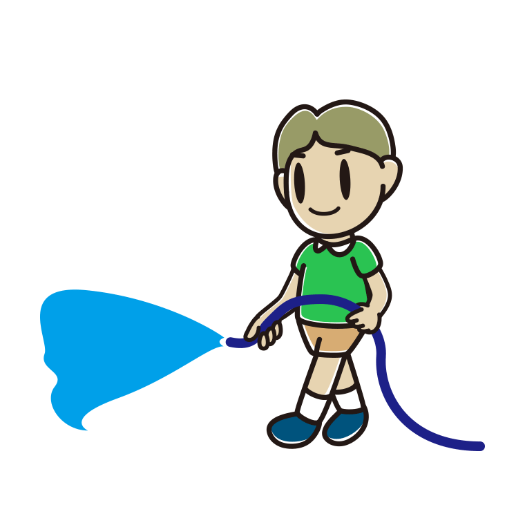 ホースで水をまく小学生男子のイラスト【色あり、背景なし】透過PNG
