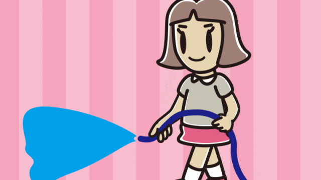 ホースで水をまく小学生女子のイラスト【色、背景あり】PNG