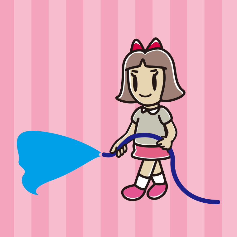 ホースで水をまく小学生女子のイラスト【色、背景あり】PNG