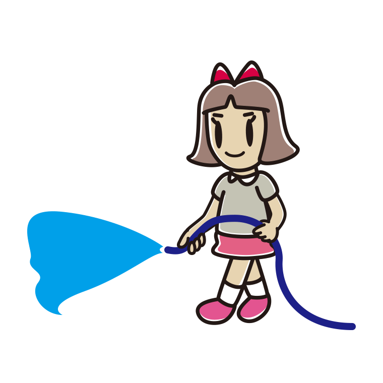 ホースで水をまく小学生女子のイラスト【色あり、背景なし】透過PNG