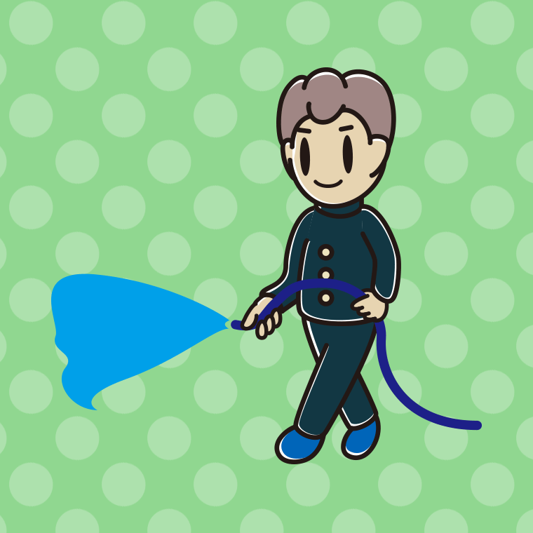 ホースで水をまく男子中学生のイラスト【色、背景あり】PNG