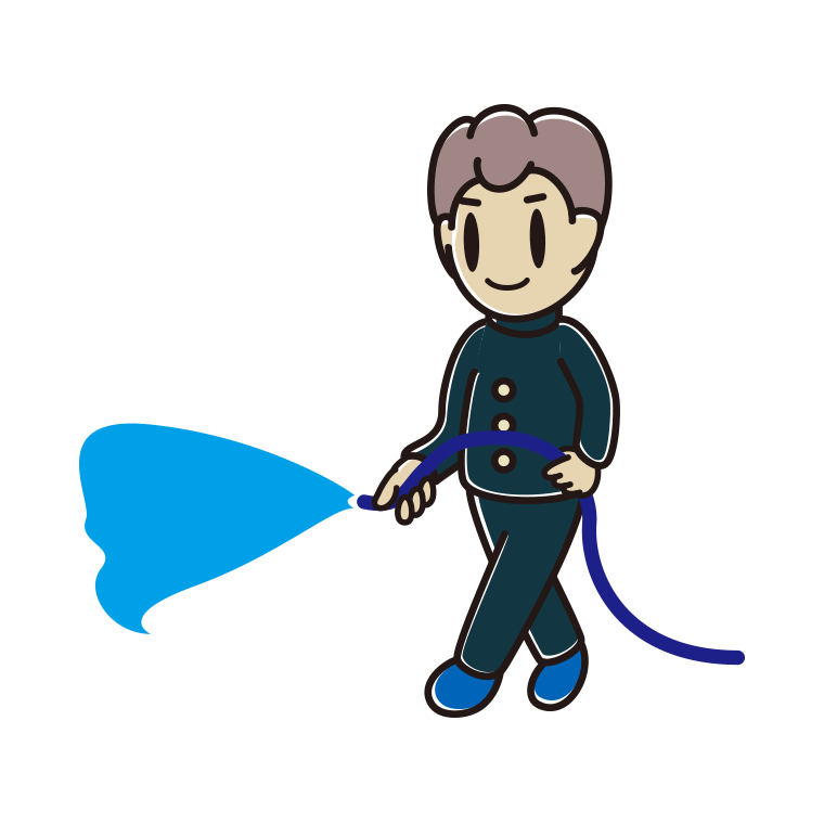 ホースで水をまく男子中学生のイラスト【色あり、背景なし】透過PNG
