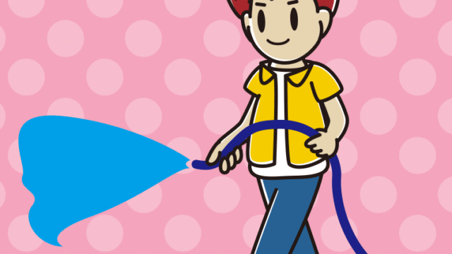 ホースで水をまく男子大学生のイラスト【色、背景あり】PNG