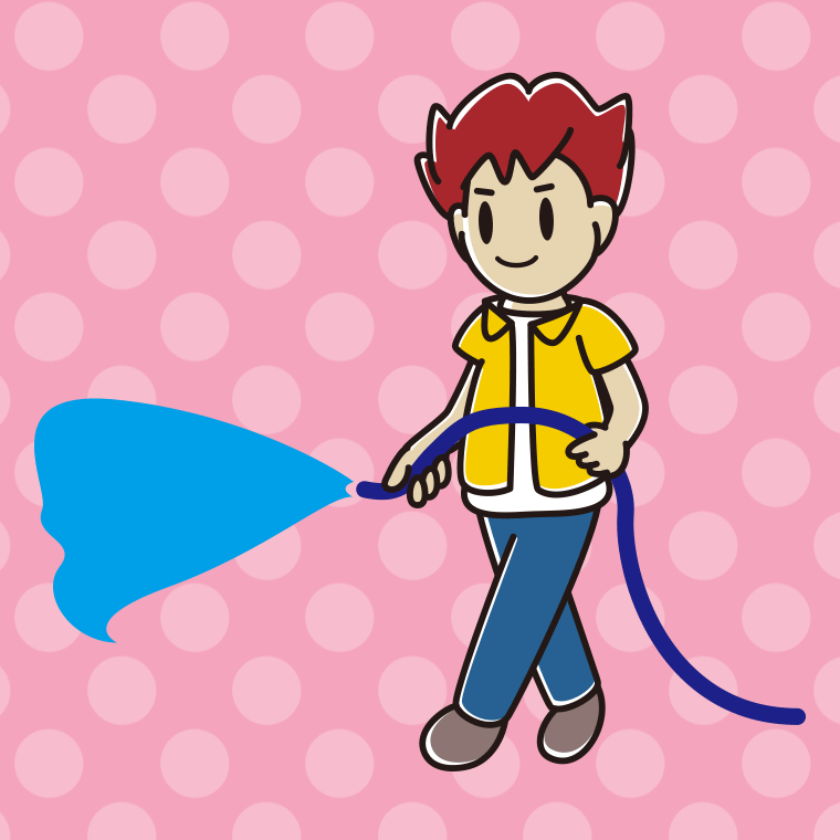 ホースで水をまく男子大学生のイラスト【色、背景あり】PNG