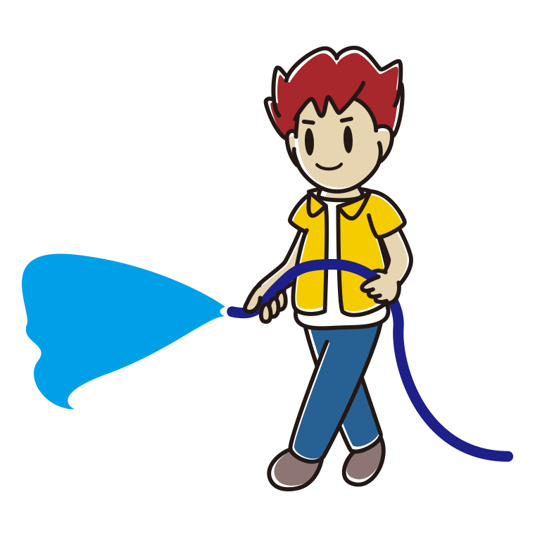 ホースで水をまく男子大学生のイラスト【色あり、背景なし】透過PNG